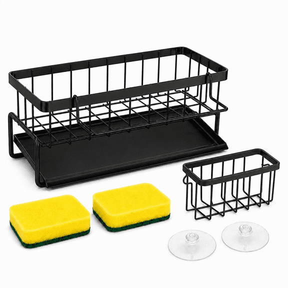 QOPR Black Kitchen Sink Organizer, 304 Stainless Steel Sink Caddy with Removable Drip Tray, Sponge Holder for Kitchen Sink, Hanging Basket & 2 Sponges