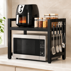 QOPR Expandable Kitchen Storage Rack, Adjustable Microwave Oven Stand, Heavy Duty Countertop Organizer Shelf with Hooks for Kitchen, Black