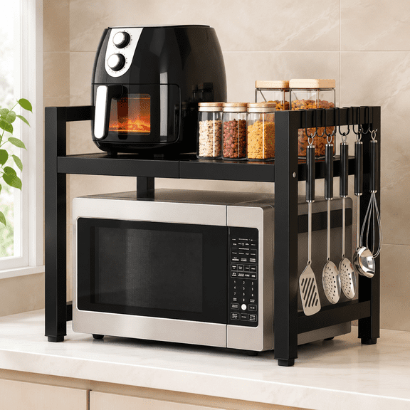 QOPR Expandable Kitchen Storage Rack, Adjustable Microwave Oven Stand, Heavy Duty Countertop Organizer Shelf with Hooks for Kitchen, Black