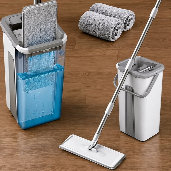 QOPR Flat Mop and Bucket Set, 360 Rotating Microfiber Mop with Dual Chamber Wash & Dry Bucket, Hands-Free Floor Cleaner for Wet and Dry Cleaning, 2 Pads Included