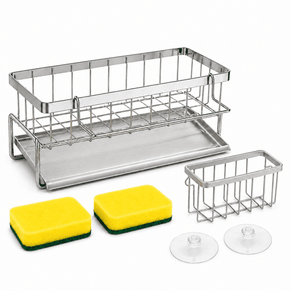 QOPR Kitchen Sink Organizer, 304 Stainless Steel Sink Caddy with Removable Drip Tray, Sponge Holder for Kitchen Sink, Hanging Basket & 2 Sponges