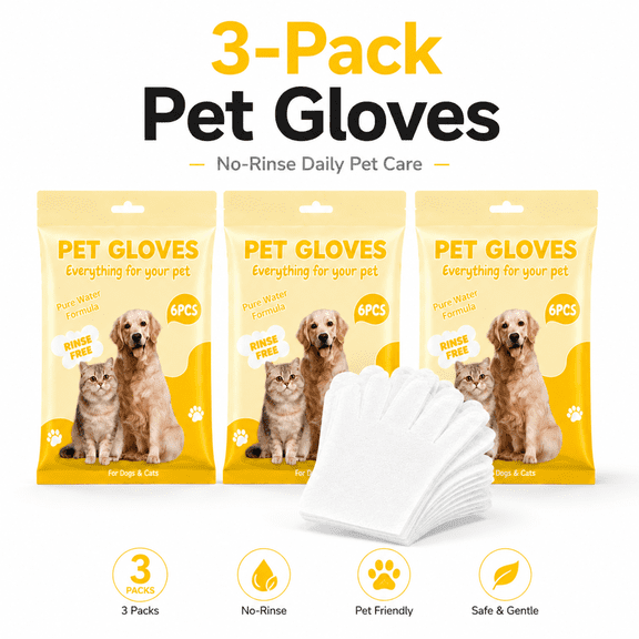 QOPR Pet Cleaning Waterless Gloves, 3 Pack 18 Count, Disposable Grooming Wipes for Cats & Dogs, Gentle Pure Water Formula