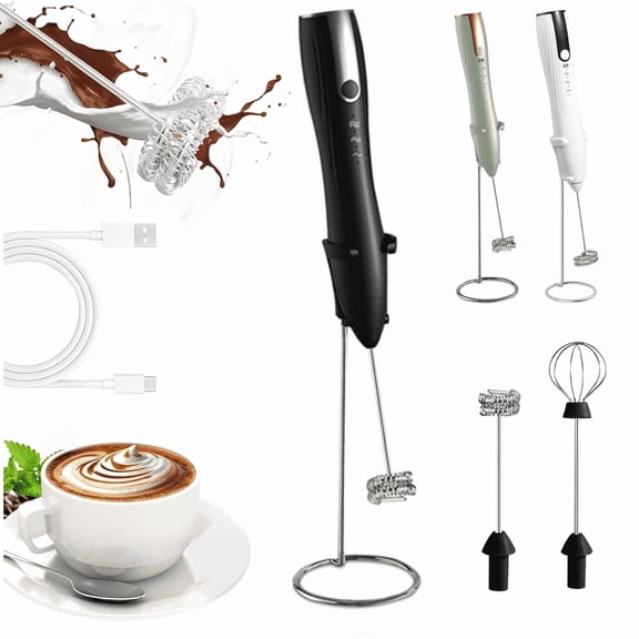 QOPR Handheld Electric Milk Frother, Rechargeable Frother Handheld with 2 Whisk Attachments, Matcha Whisk and Drink Mixer for Coffee, Latte, Cappuccino,(Black)