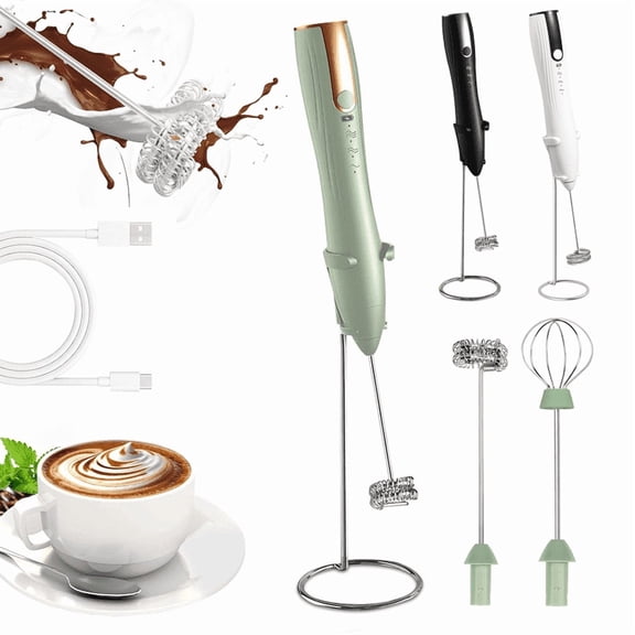 QOPR Handheld Electric Milk Frother, Rechargeable Frother Handheld with 2 Whisk Attachments, Matcha Whisk and Drink Mixer for Coffee, Latte, Cappuccino,Green