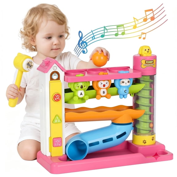 QOQ Ball Drop Toys for Toddlers 1-3, Stacking Drop Ball Tower with Music and Sound Effects, Baby Monkey Toy Interactive for 12-24 Months, Gifts for Girls and Boys
