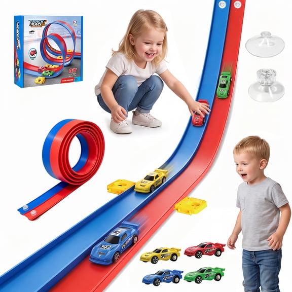 QOQ Flexible Race Track, 16.4ft Bendable DIY Track Set with Suction Cups, Compatible with 1:64 Toy Cars, Gift for Kids Ages 3+