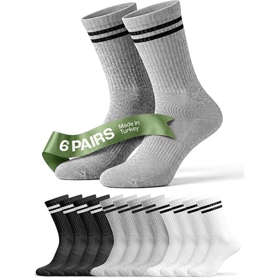 QORUX Cotton Crew Socks 6 Pack, Men & Women’s Ribbed Athletic Casual Socks, Soft Breathable Stretch Socks 2 White 2 Gray 2 Black 10-12