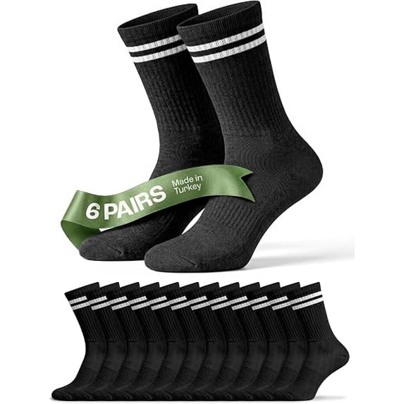 QORUX Cotton Crew Socks 6 Pack, Men & Women’s Ribbed Athletic Casual Socks, Soft Breathable Stretch Socks 6 Black 5-8