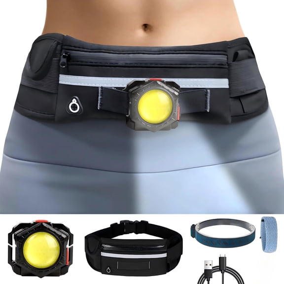 QPAZ 3-in-1 Running Lights Fanny Pack - Super Bright COB Headlamp, Wrist & Waist Light with USB Charging, Adjustable Belt for Night Running, Walking, Hiking