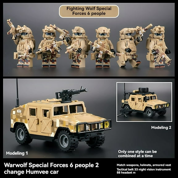 QPAZ Military Building Block Set - Desert Special Forces Ghost Soldier with Humvee, Creative Assembly Toy for Kids