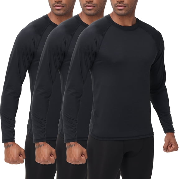 QPNGRP Men's 3 Pack Dry Fit Long Sleeve Athletic Shirts Workout Running Shirts Black L