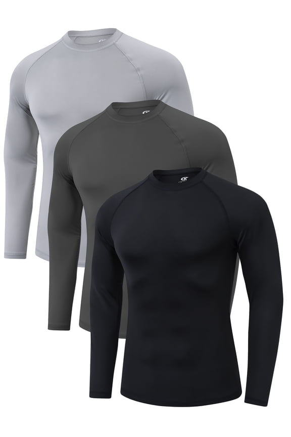 Men's 3 Pack Dry Fit Long Sleeve Athletic Shirts Workout Running Shirts Black Light Grey Dary Grey L