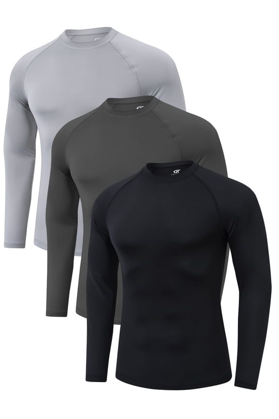 Men's 3 Pack Dry Fit Long Sleeve Athletic Shirts Workout Running Shirts Black Light Grey Dary Grey L