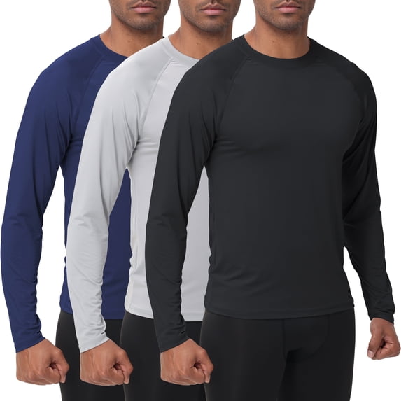 QPNGRP Men's 3 Pack Dry Fit Long Sleeve Athletic Shirts Workout Running Shirts Black Light Grey Navy 2XL