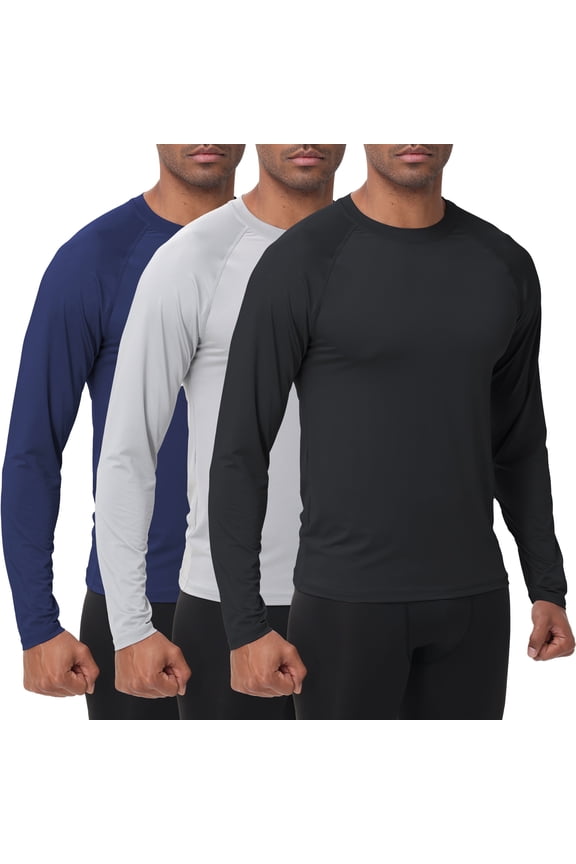 Men's UPF 50+ Sun Protection Dry Fit Long Sleeve Rash Guard Shirts 3 Pack Lightweight Athletic Workout Running Tops