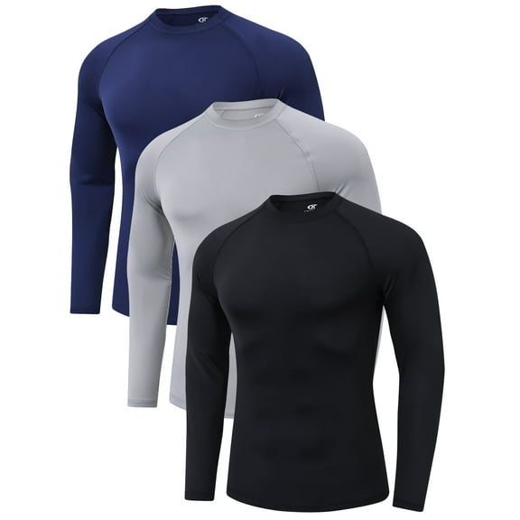 QPNGRP Men's 3 Pack Dry Fit Long Sleeve Athletic Shirts Workout Running Shirts Black Light Grey Navy L