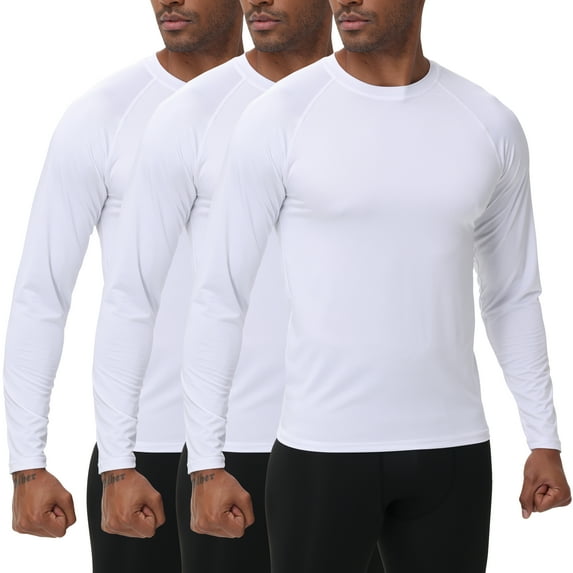 QPNGRP Men's 3 Pack Dry Fit Long Sleeve Athletic Shirts Workout Running Shirts White 2XL