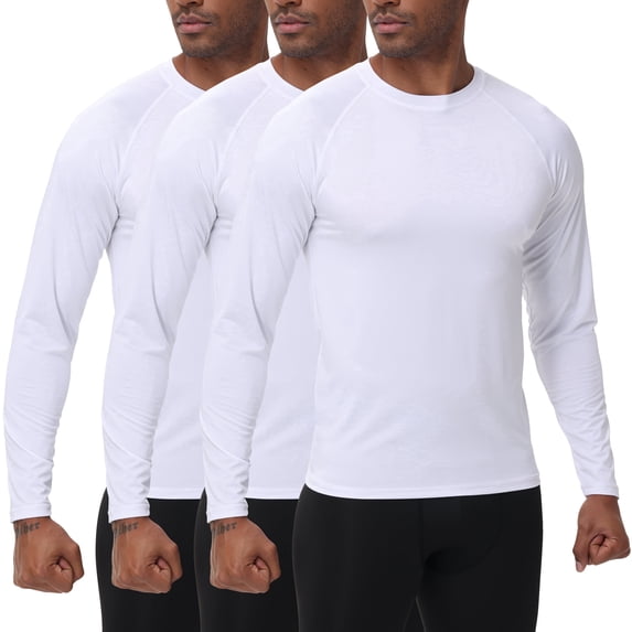 QPNGRP Men's 3 Pack Dry Fit Long Sleeve Athletic Shirts Workout Running Shirts White 2XL