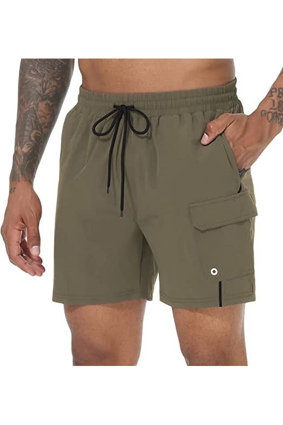Men's Beach Swim Trunks Quick Dry Sports Fitness Shorts Drawstring Zipper Pockets and Mesh Lining Khaki 30