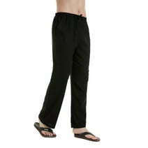 QPNGRP Men's Casual Beach Pants Drawstring Cotton Linen Loose Open Bottom Yoga Trousers Pockets Black XL