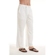 QPNGRP Men's Casual Beach Pants Drawstring Cotton Linen Loose Open Bottom Yoga Trousers Pockets White L