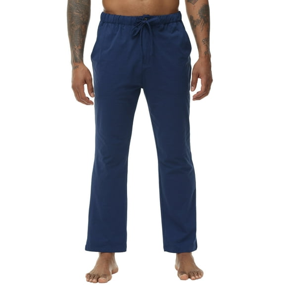 QPNGRP Men's Casual Pants Cotton Linen Loose Open Bottom Classic Relaxed Fit Running Trousers Pockets Blue L