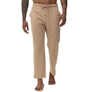 QPNGRP Mens Casual Pants Cotton Linen Loose Open Bottom Classic Relaxed Fit Running Trousers Pockets Khaki L