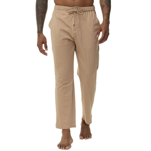 QPNGRP Men's Casual Pants Cotton Linen Loose Open Bottom Classic Relaxed Fit Running Trousers Pockets Khaki L