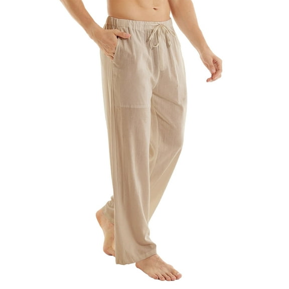 QPNGRP Men's Casual Pants Cotton Linen Loose Open Bottom Classic Relaxed Fit Running Trousers Pockets Lightkhaki M
