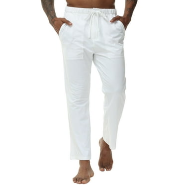 QPNGRP Men's Casual Pants Cotton Linen Loose Open Bottom Classic Relaxed Fit Running Trousers Pockets White L