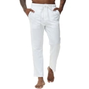 QPNGRP Men's Casual Pants Cotton Linen Loose Open Bottom Classic Relaxed Fit Running Trousers Pockets White L