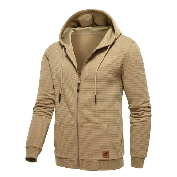 QPNGRP Men's Full-Zip Hoodie Lightweight Hoodie Sweatshirt Jacket Solid Hooded with Kanga Pocket Khaki L
