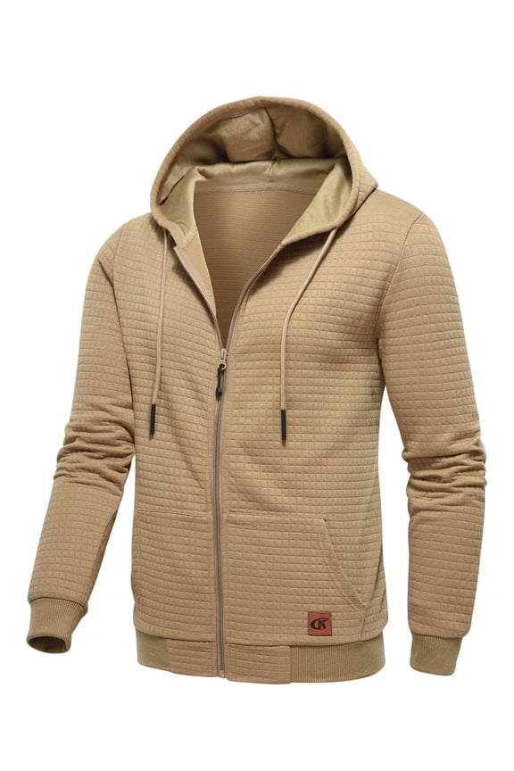 Men's Full-Zip Hoodie Lightweight Hoodie Sweatshirt Jacket Solid Hooded with Kanga Pocket Khaki M