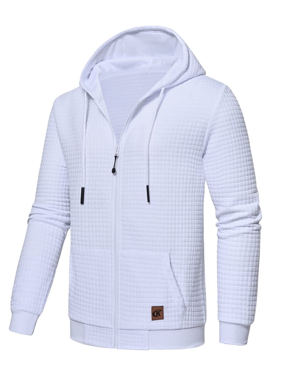 Men's Full-Zip Hoodie Lightweight Hoodie Sweatshirt Jacket Solid Hooded with Kanga Pocket White L