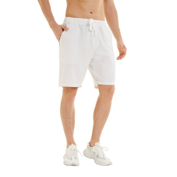 QPNGRP Men's Linen Cotton Casual Classic Fit Shorts Flat Front Drawstring Summer Beach Shorts with Pockets White XXL