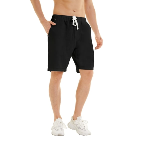 QPNGRP Men's Linen Cotton Casual Classic Fit Shorts Flat Front Drawstring Summer Beach Shorts with Pockets black XXL