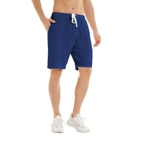 QPNGRP Men's Linen Cotton Casual Classic Fit Shorts Flat Front Drawstring Summer Beach Shorts with Pockets blue L