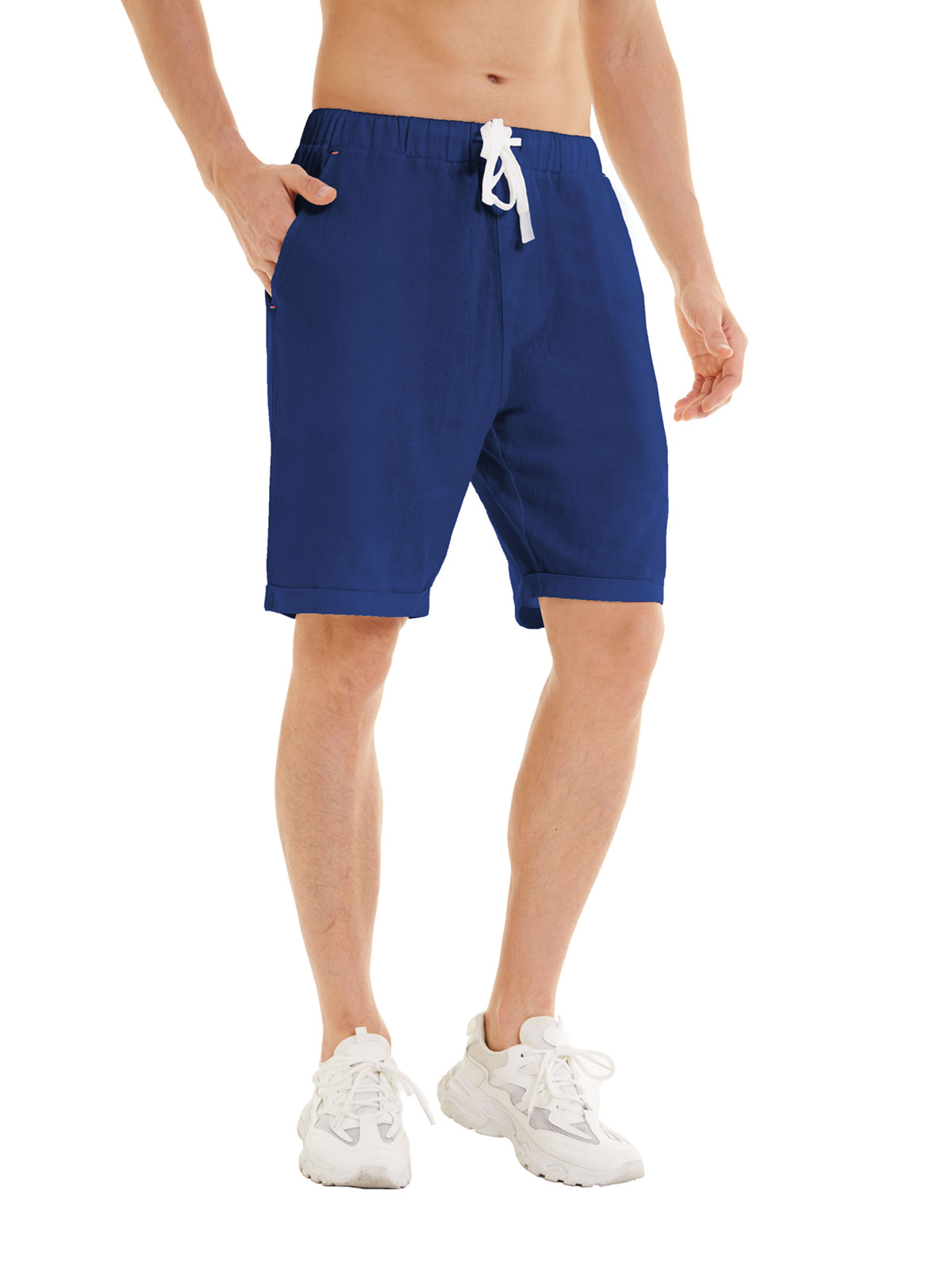 QPNGRP Men's Linen Cotton Casual Classic Fit Shorts Flat Front Drawstring Summer Beach Shorts with Pockets blue S