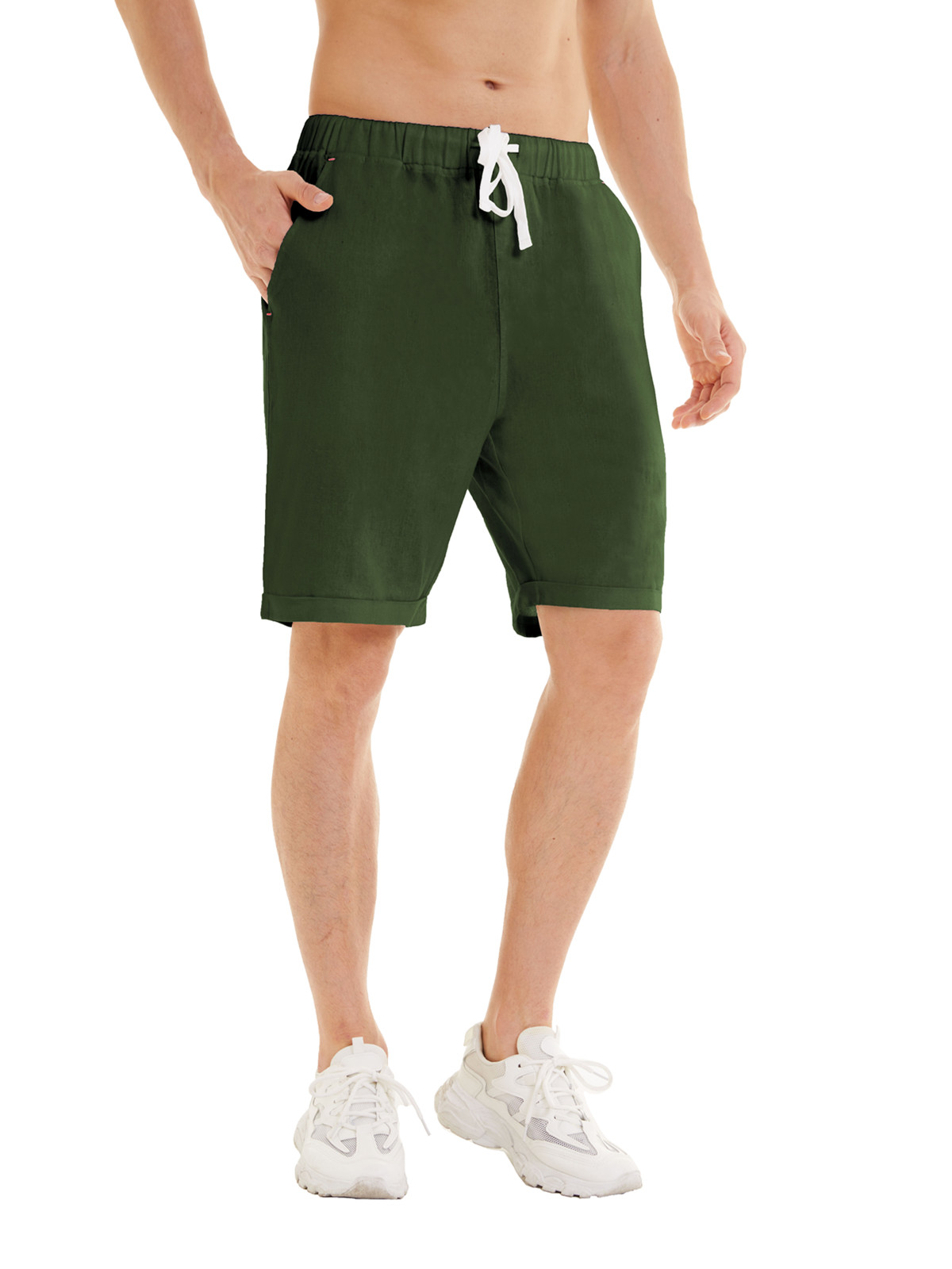 QPNGRP Men's Linen Cotton Casual Classic Fit Shorts Flat Front Drawstring Summer Beach Shorts with Pockets sarmygreen L
