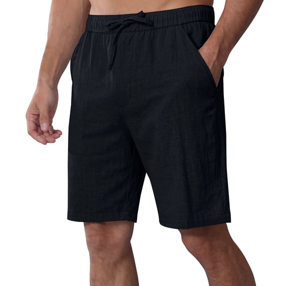 QPNGRP Men's Linen Shorts Casual Elastic Waist Drawstring Summer Beach Vacation Yoga Shorts with Pockets Black L