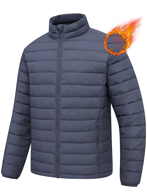 Mens Puffer Jacket Lightweight Water Resistant Windproof Insulated Winter Puffy Coat Gray L