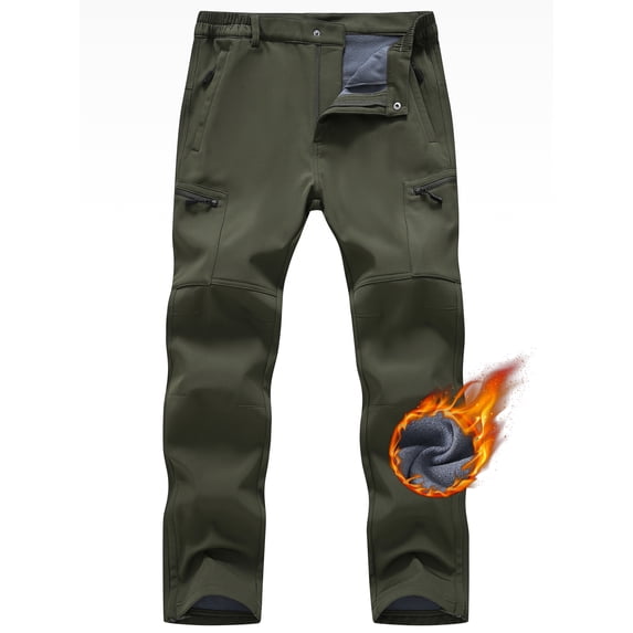 QPNGRP Men's Snow Ski Pants Water Resistance Fleece Lined Cargo Pants Softshell for Winter Outdoor with Zippered Bottom Legs