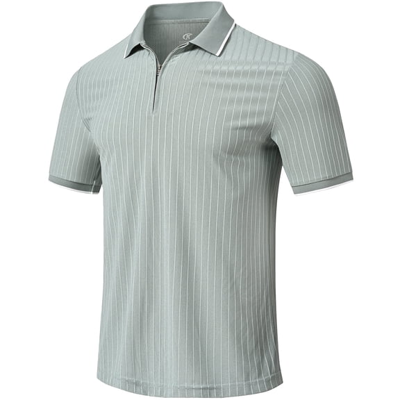 QPNGRP Men's Zipper Polo Shirts Short Sleeve Moisture Wicking Dry Fit Striped Casual Golf Shirts for Men Armygreen L