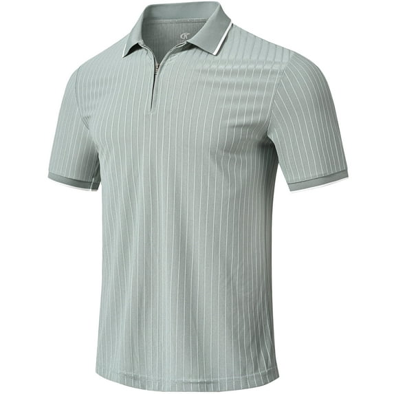 QPNGRP Men's Zipper Polo Shirts Short Sleeve Moisture Wicking Dry Fit Striped Casual Golf Shirts for Men Armygreen M