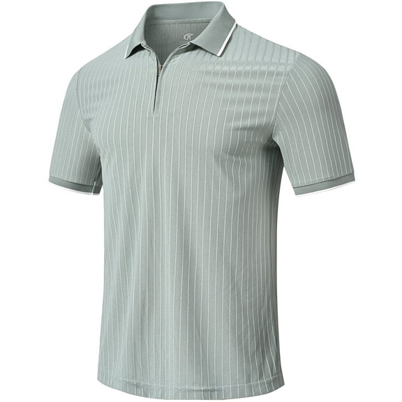 QPNGRP Men's Zipper Polo Shirts Short Sleeve Moisture Wicking Dry Fit Striped Casual Golf Shirts for Men Armygreen S