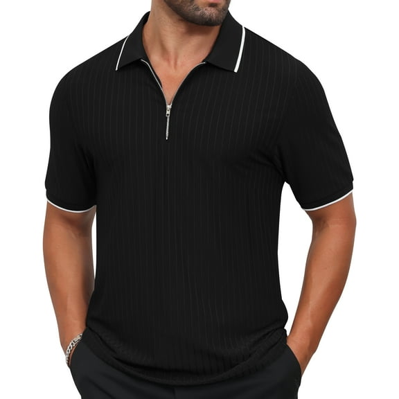 QPNGRP Men's Zipper Polo Shirts Short Sleeve Moisture Wicking Dry Fit Striped Casual Golf Shirts for Men Black L