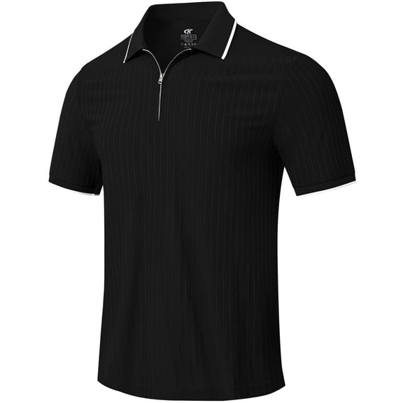 QPNGRP Men's Zipper Polo Shirts Short Sleeve Moisture Wicking Dry Fit Striped Casual Golf Shirts for Men Black M