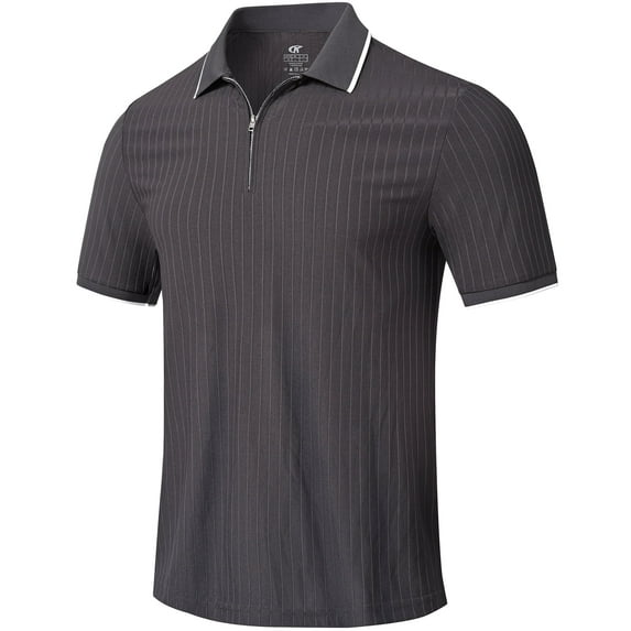 QPNGRP Men's Zipper Polo Shirts Short Sleeve Moisture Wicking Dry Fit Striped Casual Golf Shirts for Men Gray L