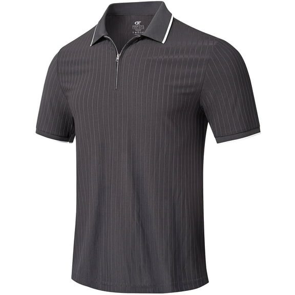QPNGRP Men's Zipper Polo Shirts Short Sleeve Moisture Wicking Dry Fit Striped Casual Golf Shirts for Men Gray L