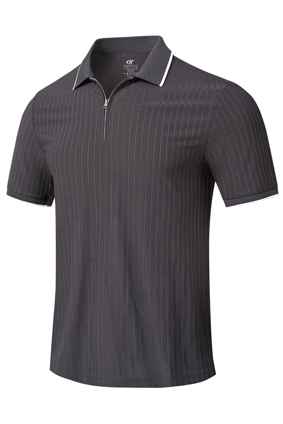 Men's Zipper Polo Shirts Short Sleeve Moisture Wicking Dry Fit Striped Casual Golf Shirts for Men Gray L
